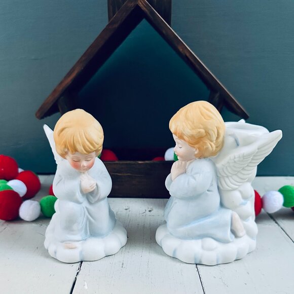 Vintage Praying Angels Candleholders Ceramic Angel Christmas Decor Blue White - Picture 1 of 8